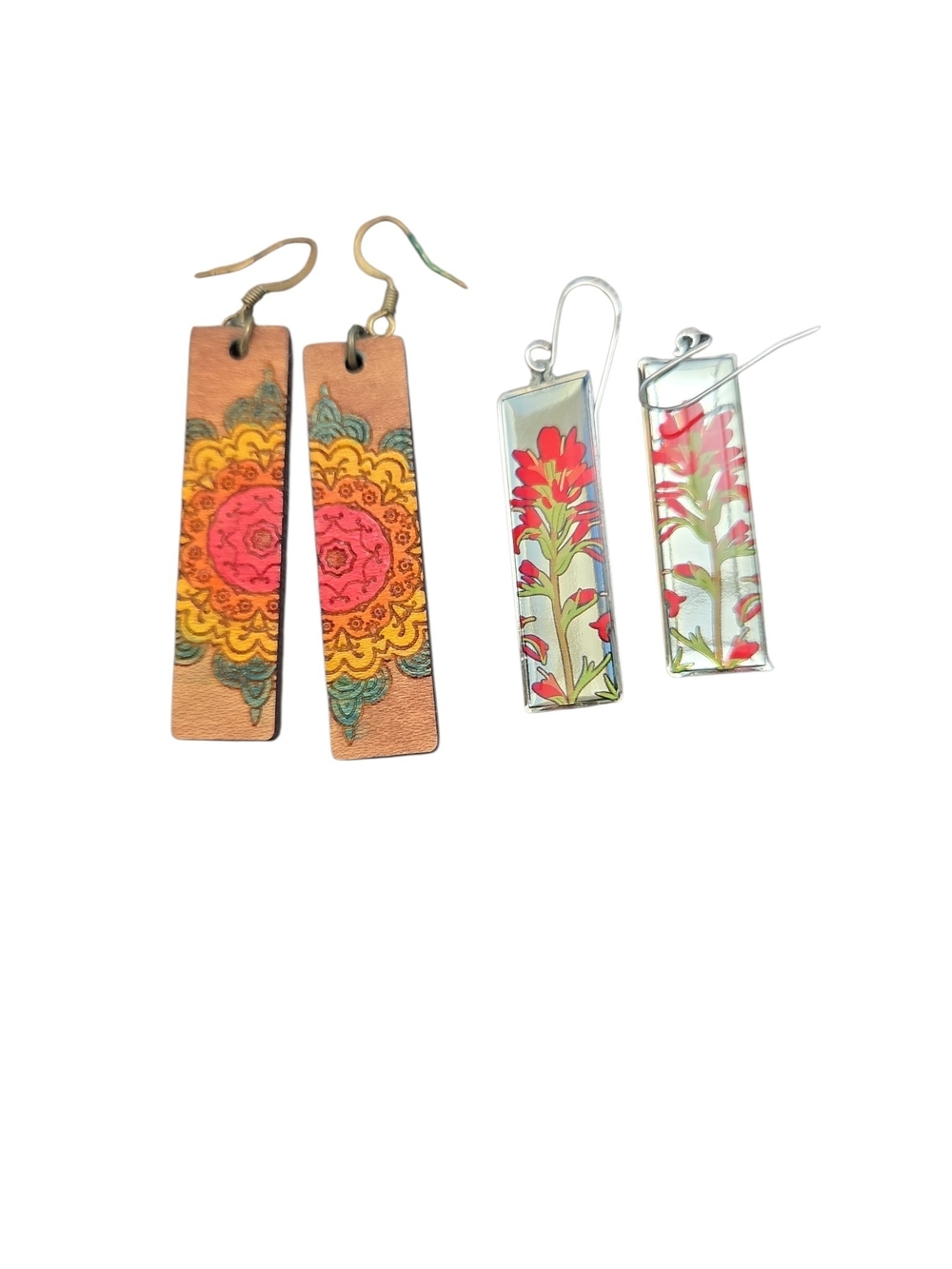 Handcrafted Floral Rectangle Dangle Earrings - Pink & Yellow